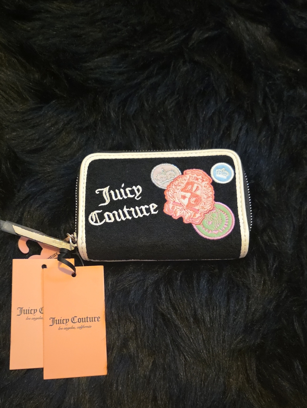 Juicy Couture Black Wallet with Cream Trim and Colorful Patch Accents